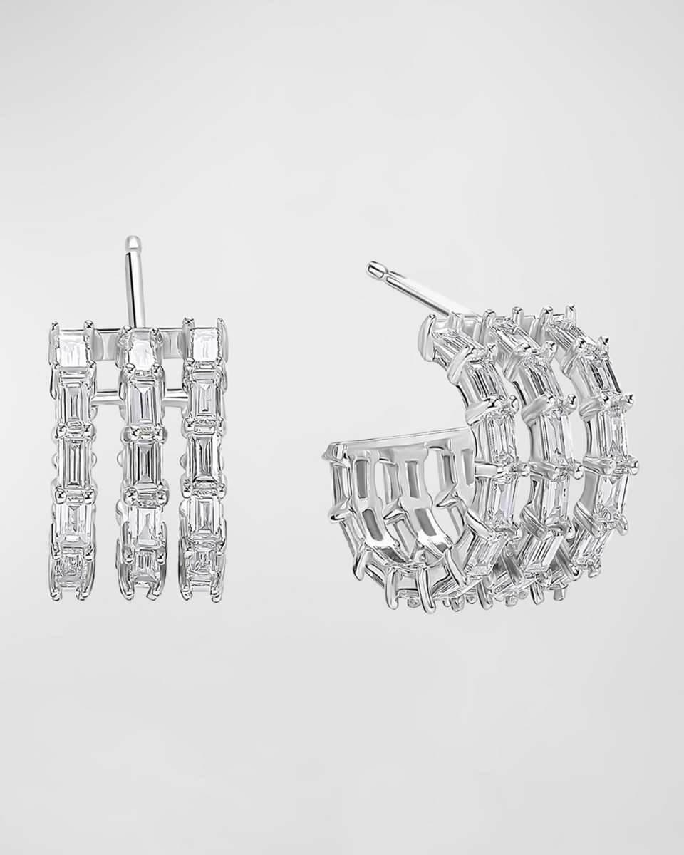 Baguette Triple Row Huggie Earrings with Diamonds